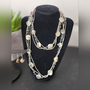 Beachy Silver Grey Shell Sead Bead and Crystal Long Necklace with Matching Earr…